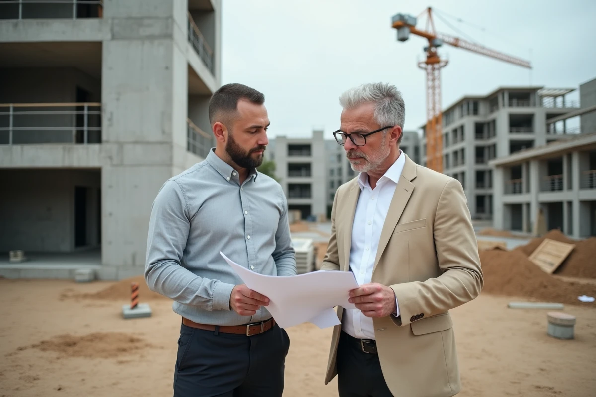 Deux professionnels sur un chantier examinant un contrat de construction indexé sur l'indice du coût de la construction INSEE