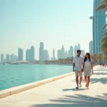 Couple se promenant sur la promenade en bord de mer de Dubaï avec des tours résidentielles modernes en arrière-plan
