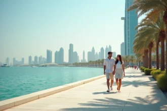 Couple se promenant sur la promenade en bord de mer de Dubaï avec des tours résidentielles modernes en arrière-plan