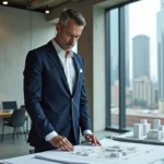 Promoteur urbain masculin examinant des plans architecturaux dans un bureau moderne avec vue sur la skyline de la ville