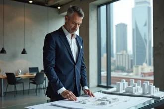 Promoteur urbain masculin examinant des plans architecturaux dans un bureau moderne avec vue sur la skyline de la ville