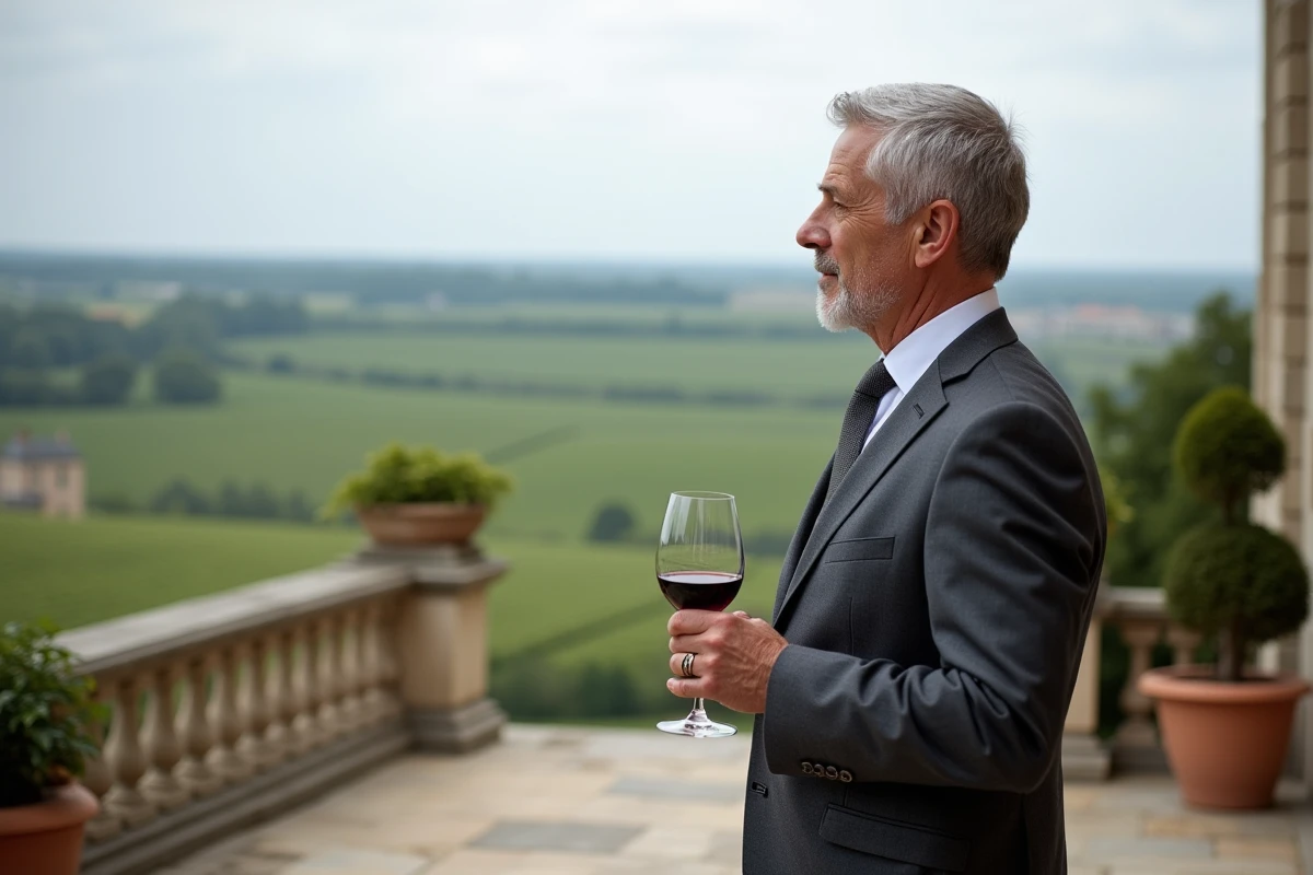 Entrepreneur debout sur la terrasse d'un château viticole bordelais tenant un verre de vin rouge et contemplant son vignoble