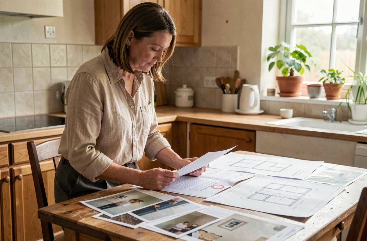 Propriétaire examinant un constat d'huissier avec des plans de travaux sur une table de cuisine