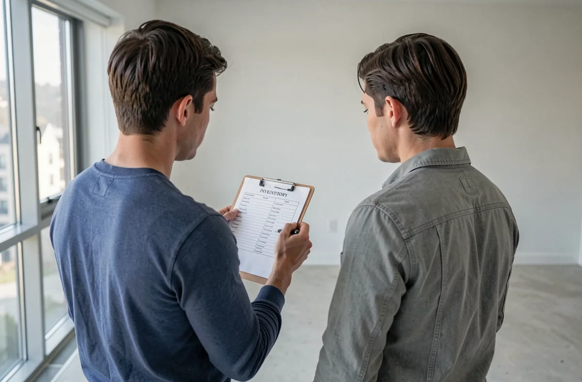 Propriétaire et locataire signant un état des lieux dans un appartement