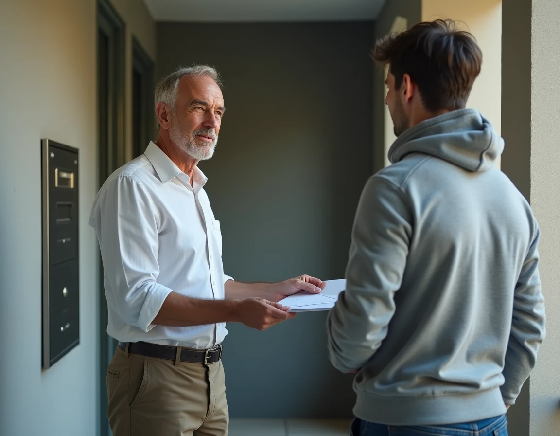 Propriétaire remettant un congé locatif en main propre à son locataire dans le couloir d'un immeuble résidentiel