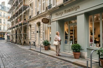 Rue en transition à Bordeaux avec façades rénovées et café artisanal, illustrant la réhabilitation d'un quartier en mutation urbaine
