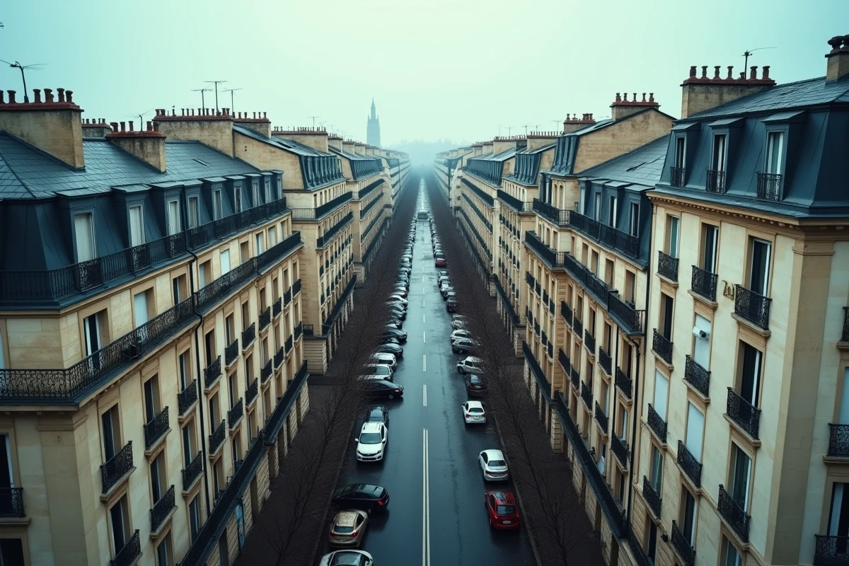 Vue urbaine d'un quartier dense en zone tendue avec immeubles résidentiels et rues saturées en France