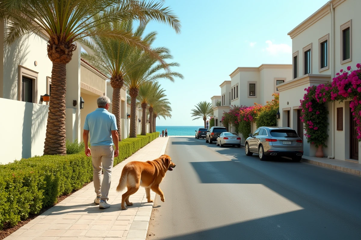 Rue résidentielle paisible du quartier côtier de Jumeirah à Dubaï avec villas et aperçu de la mer