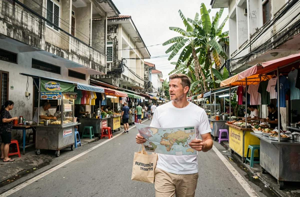 Expatrié occidental explorant un quartier résidentiel abordable de Chiang Mai à la recherche d'un appartement pas cher en Thaïlande