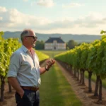 Entrepreneur en reconversion professionnelle inspectant un domaine viticole à vendre à Bordeaux