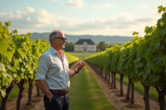 Entrepreneur en reconversion professionnelle inspectant un domaine viticole à vendre à Bordeaux