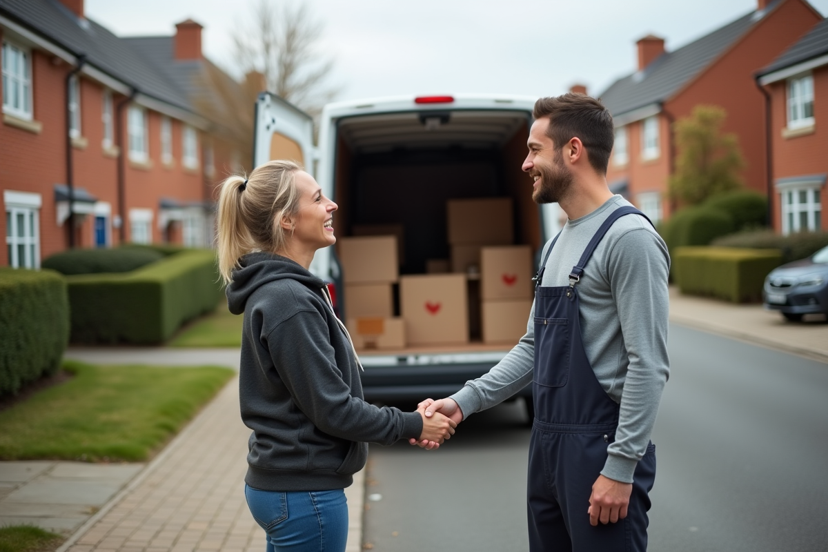 Homme et femme se serrant la main devant un camion de déménagement