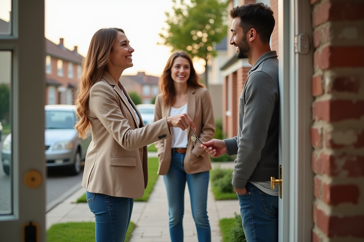 Agent immobilier remettant les clés à un jeune couple devant une maison