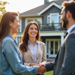 Couple souriant serrant la main d'un agent immobilier devant une maison moderne
