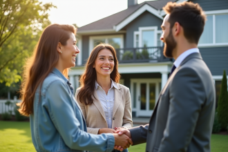 Couple souriant serrant la main d'un agent immobilier devant une maison moderne