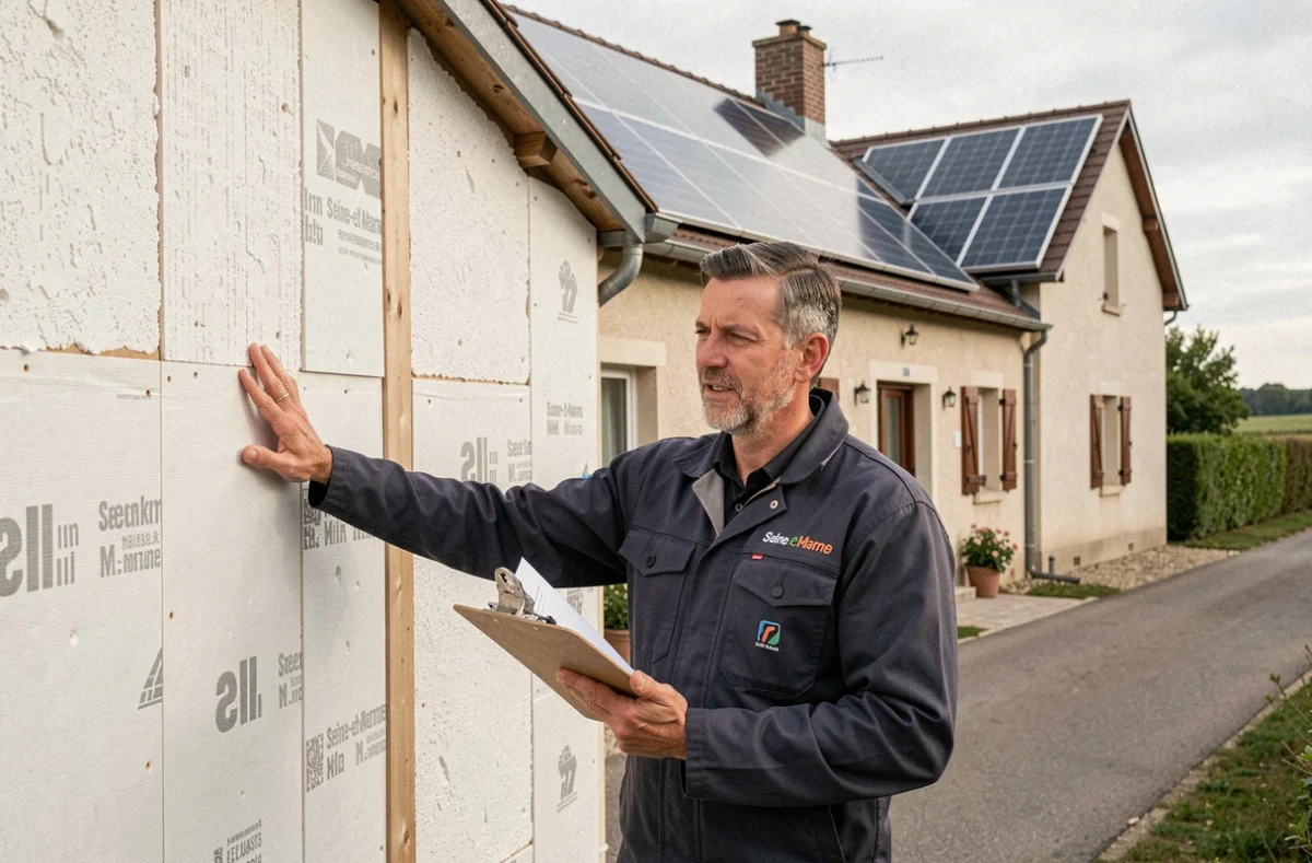 Technicien de Renov Isolation devant une maison de Seine-et-Marne rénovée avec isolation extérieure et panneaux solaires en toiture