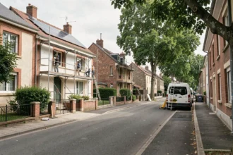 Vue d'un quartier résidentiel de Seine-et-Marne avec des maisons en cours de rénovation énergétique, panneaux solaires et isolation en façade