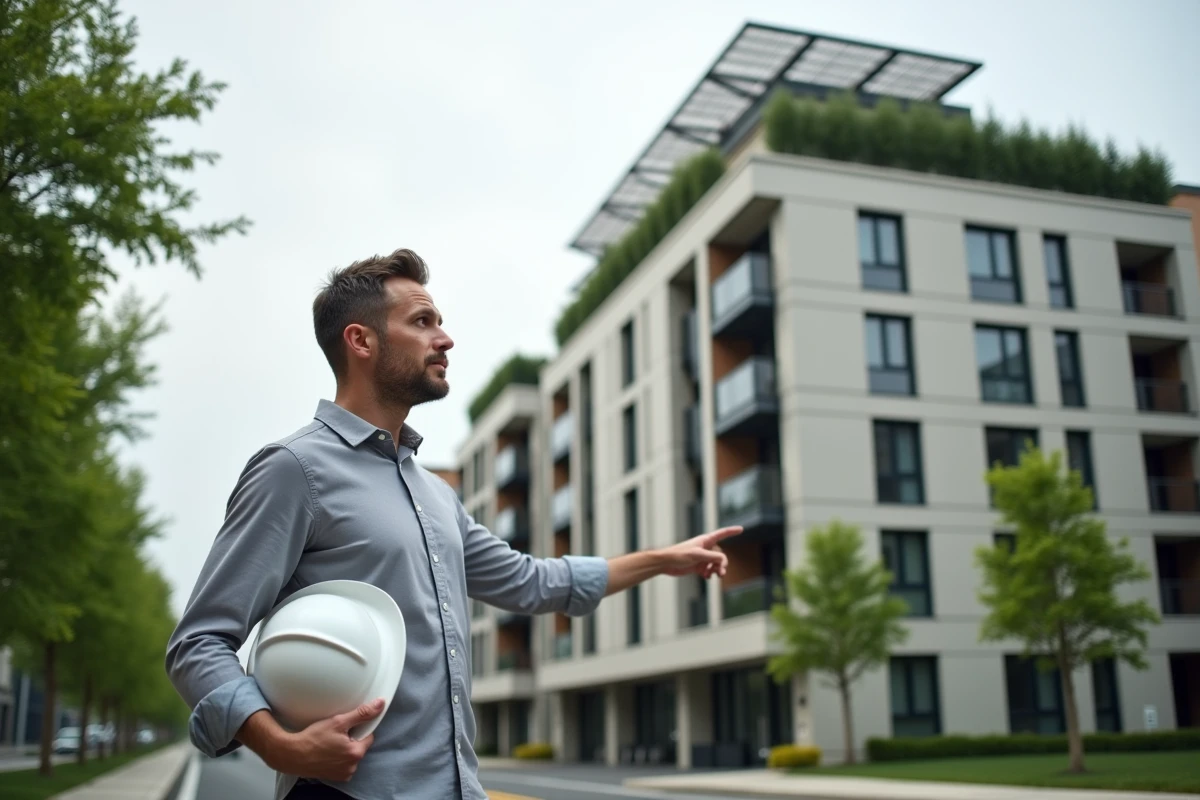 Professionnel de l'immobilier présentant les engagements environnementaux d'un bâtiment durable avec toiture végétalisée