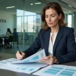 Responsable RSE immobilier analysant un rapport d'impact et d'engagements durables en salle de réunion d'entreprise