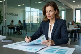 Responsable RSE immobilier analysant un rapport d'impact et d'engagements durables en salle de réunion d'entreprise