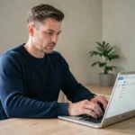 Homme sécurisant son compte prop itea avec un gestionnaire de mots de passe sur ordinateur portable