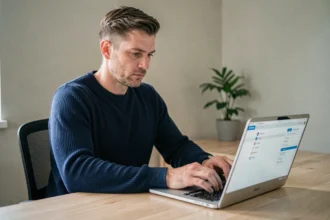 Homme sécurisant son compte prop itea avec un gestionnaire de mots de passe sur ordinateur portable