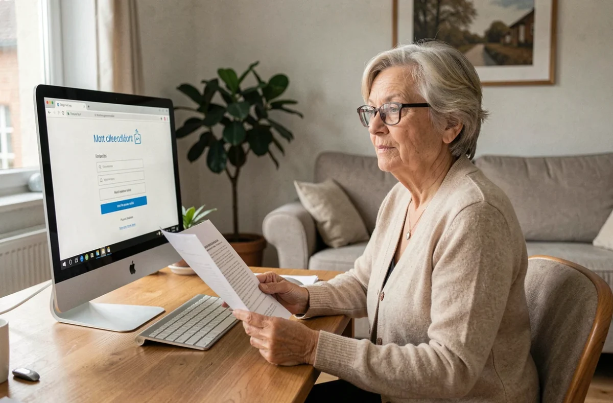 Femme senior avec lunettes cherchant à récupérer son accès à l'espace client My Foncia sur ordinateur de bureau