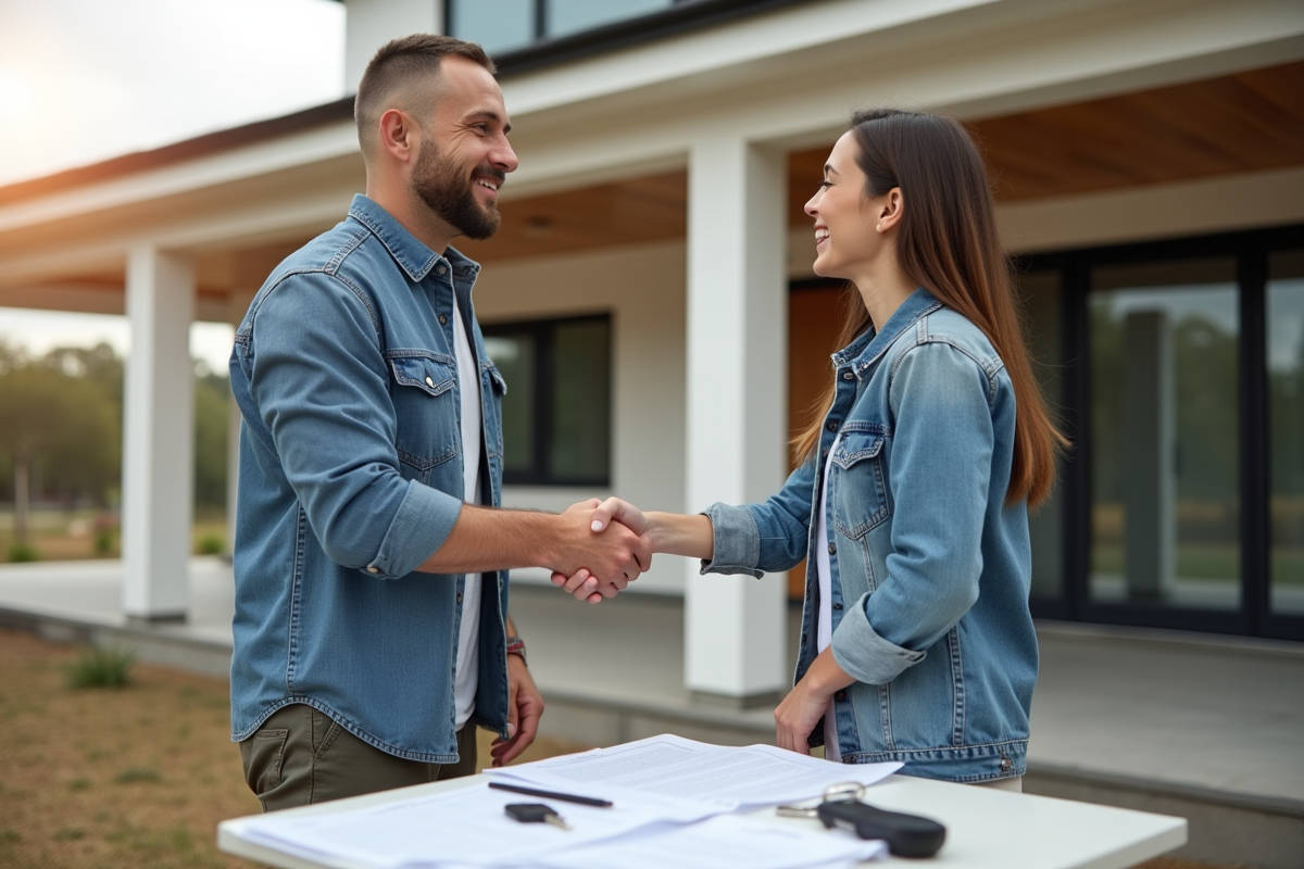 Poignée de main entre entrepreneur et couple devant leur maison