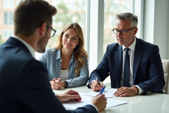 Jeune couple signant des documents dans un bureau lumineux