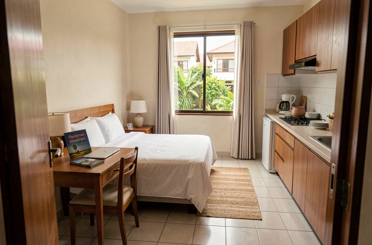 Intérieur d'un studio meublé à louer à prix abordable en Thaïlande, typique des appartements pour expatriés à Phuket