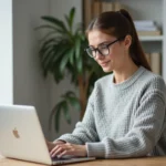 Femme consultant son espace client MyFoncia sur un ordinateur portable pour suivre ses demandes SAV