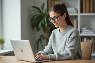 Femme consultant son espace client MyFoncia sur un ordinateur portable pour suivre ses demandes SAV