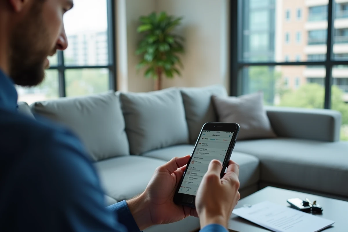 Homme vérifiant le suivi de sa demande SAV Foncia depuis l'application mobile espace client