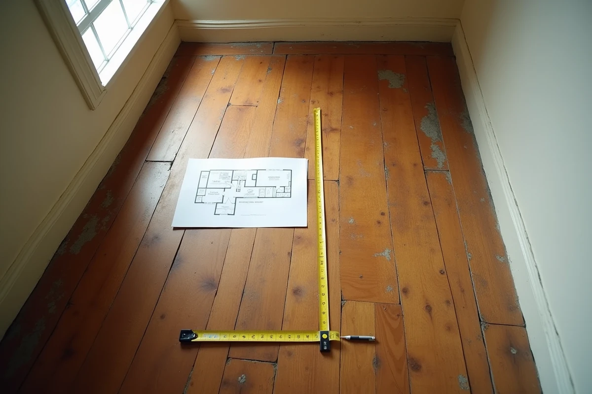Vue aérienne d'une chambre vide avec mètre ruban et plan au sol pour vérifier la superficie minimale légale