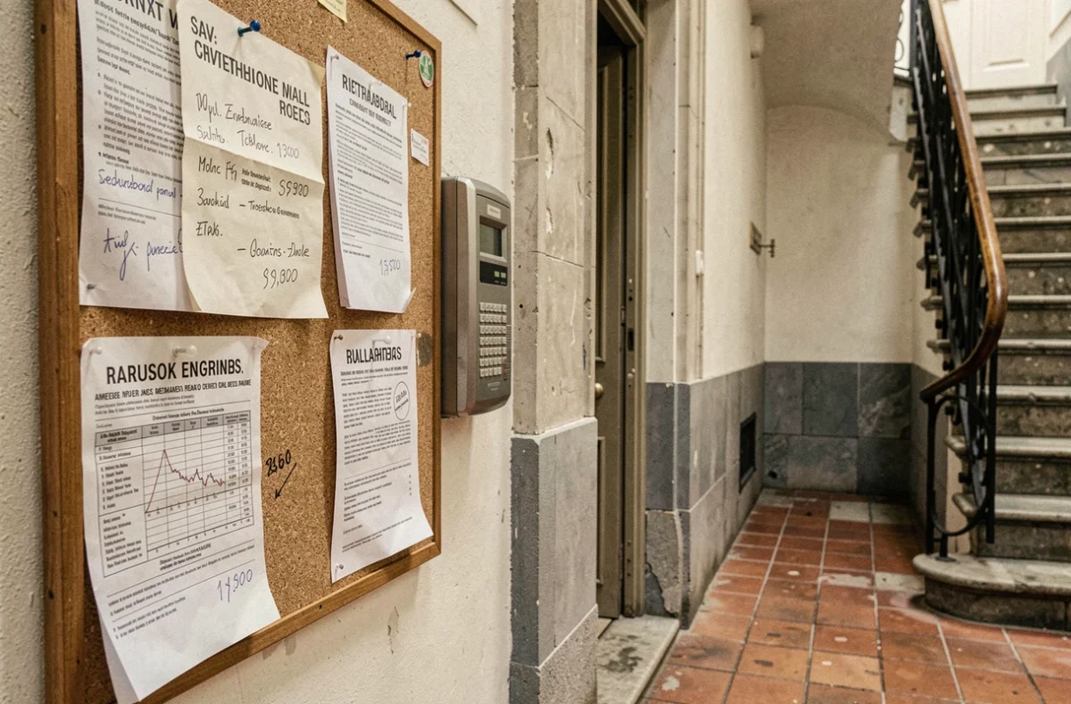 Tableau d'annonces immobilières affiché dans l'entrée d'un immeuble parisien avec des offres de location et de vente