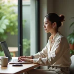 Femme en télétravail dans un appartement T3 rez-de-jardin avec vue sur jardin privé depuis son bureau