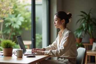 Femme en télétravail dans un appartement T3 rez-de-jardin avec vue sur jardin privé depuis son bureau