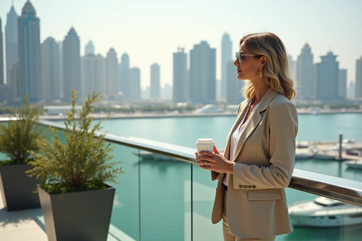 Femme sur une terrasse de luxe surplombant la marina de Dubaï avec des yachts et des gratte-ciels en arrière-plan