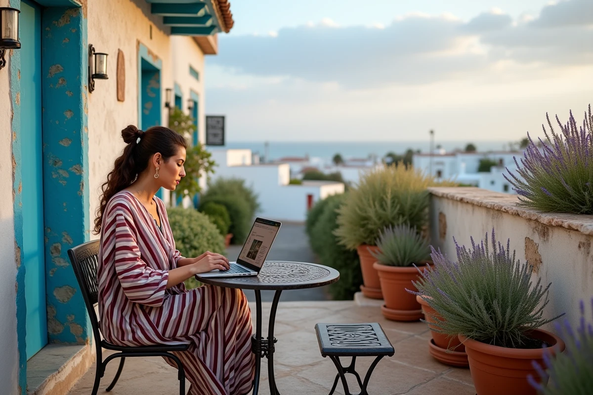 Terrasse jardin d'une maison à louer à Essaouira, femme cherchant une location longue durée entre particuliers sur internet