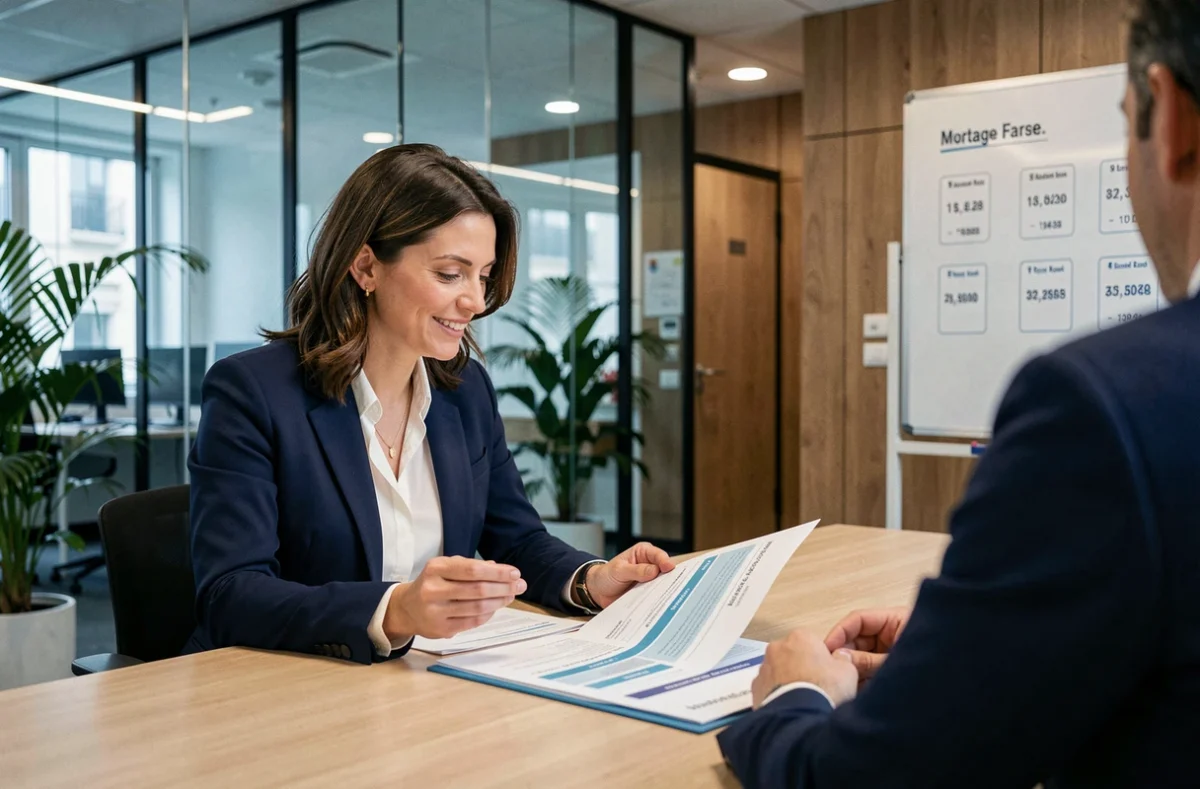 Conseillère de Toulouse Crédit présentant une simulation de prêt immobilier à un client