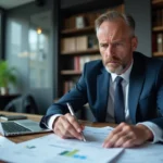 Professionnel de l'immobilier examinant des documents fiscaux liés à la TVA sur la revente rapide dans un bureau notarial moderne