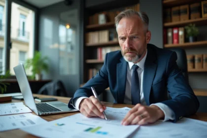 Professionnel de l'immobilier examinant des documents fiscaux liés à la TVA sur la revente rapide dans un bureau notarial moderne