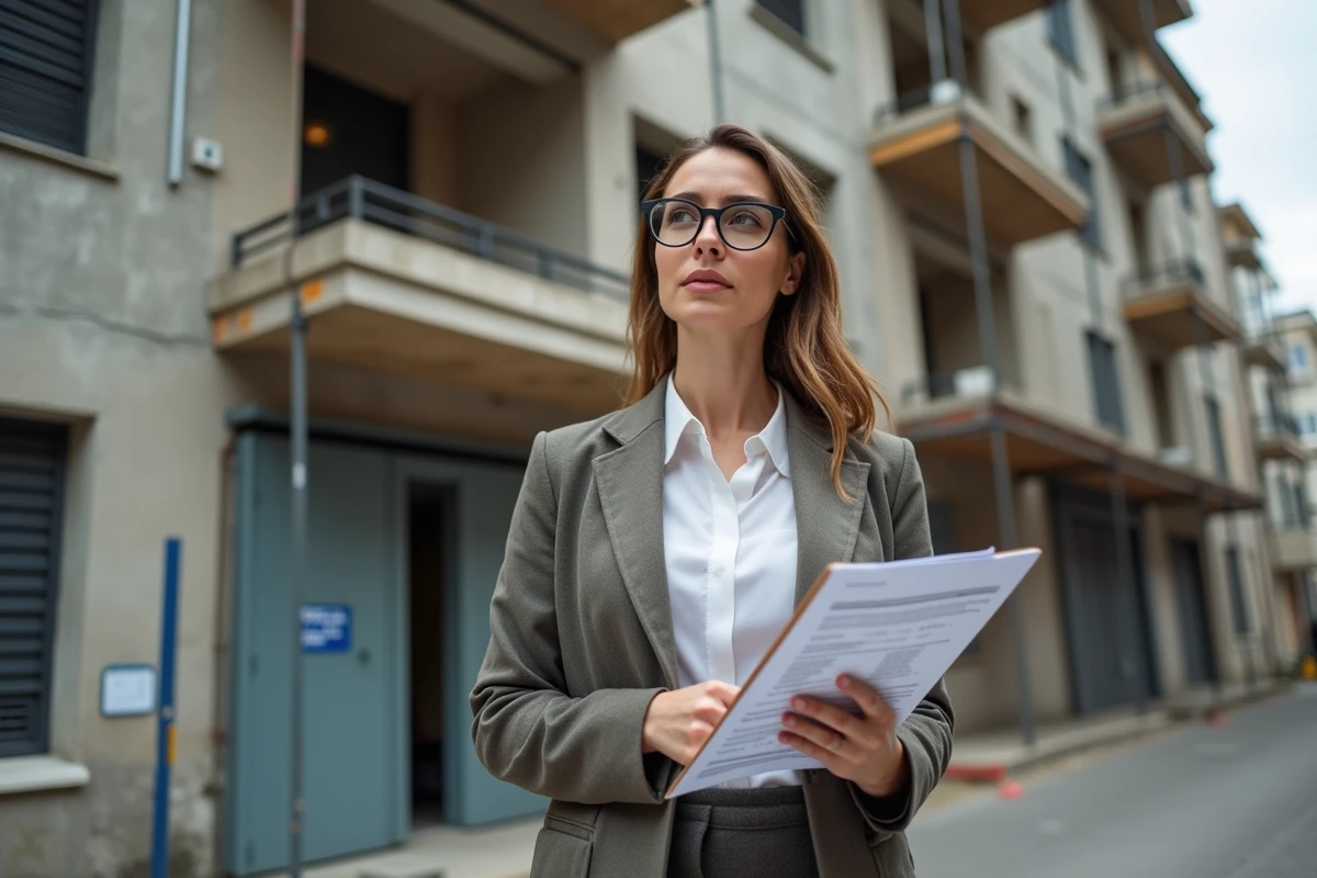 Conseillère fiscale spécialisée en TVA immobilière devant un immeuble en rénovation vérifiant la conformité d'une revente rapide