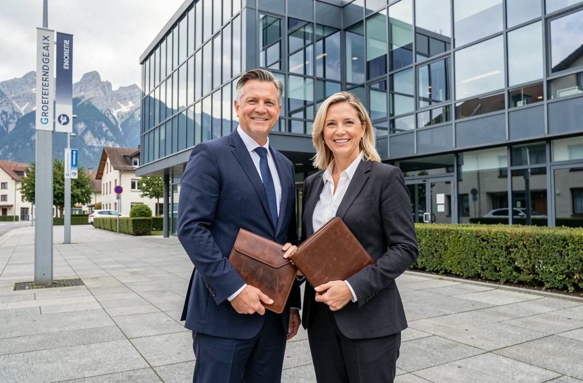 Deux conseillers de Valoris Immobilier Conseil devant un bâtiment contemporain à Grenoble en Isère