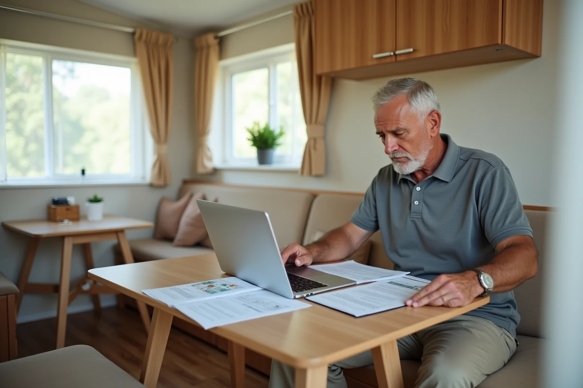 Propriétaire de mobil home examinant des documents de vente et une annonce immobilière à l'intérieur de son mobil home