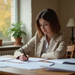 Femme en cours de divorce signant des documents immobiliers dans une maison à vendre en Moselle