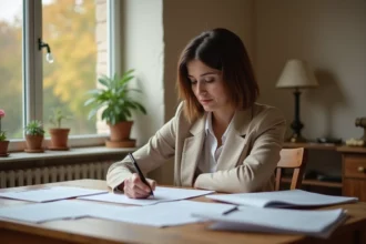Femme en cours de divorce signant des documents immobiliers dans une maison à vendre en Moselle