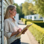Femme tenant une check-list devant un mobil home blanc dans un parc résidentiel de loisirs pour vente rapide