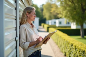 Femme tenant une check-list devant un mobil home blanc dans un parc résidentiel de loisirs pour vente rapide