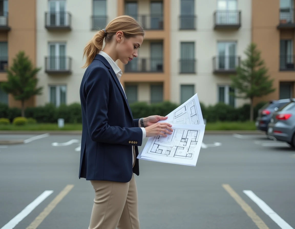 Une femme en copropriété consultant un plan architectural pour vérifier la taille standard d'une place de parking extérieure